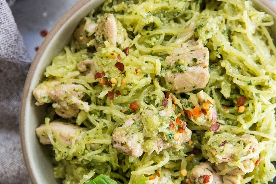 Dairy Free Ketogenic Recipes Chicken Pesto Spaghetti Squash Close Up