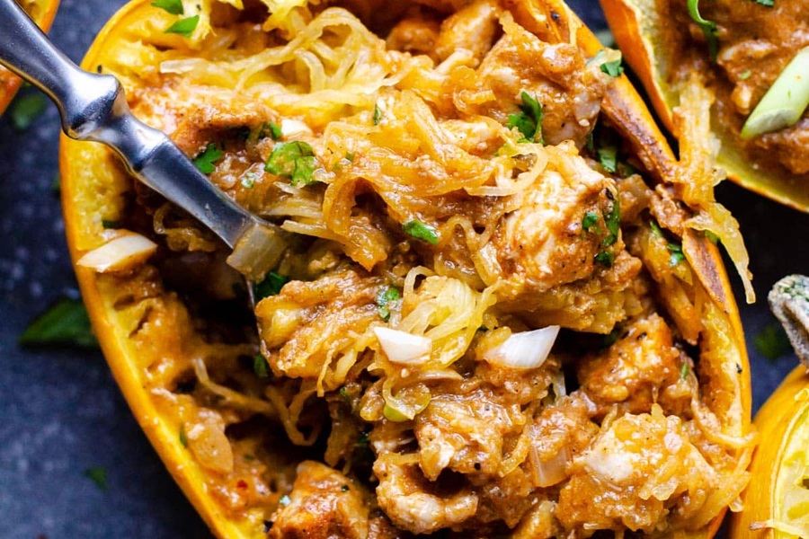 Low Carb Meals for Diabetics Close Up of Butter Chicken Spaghetti Squash with a Fork