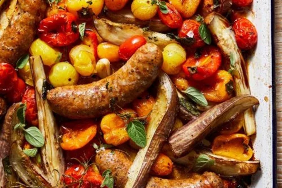 Low Carb Meals for Diabetics Low Carb Sausage Tray Bake on a Baking Tray
