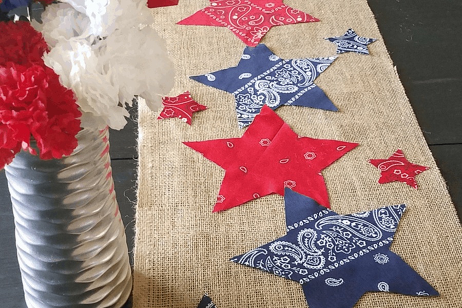 DIY Patriotic Decorations DIY Patriotic Burlap Table Runner with Bandana Stars On Top