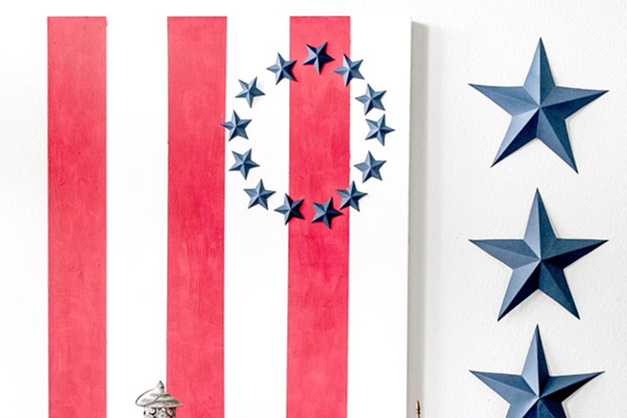 DIY Patriotic Decorations Patriotic Wall Art Canvas With Red and White Stripes Going Up and Down and a Circle of Stars Where the 50 Stars Should Be