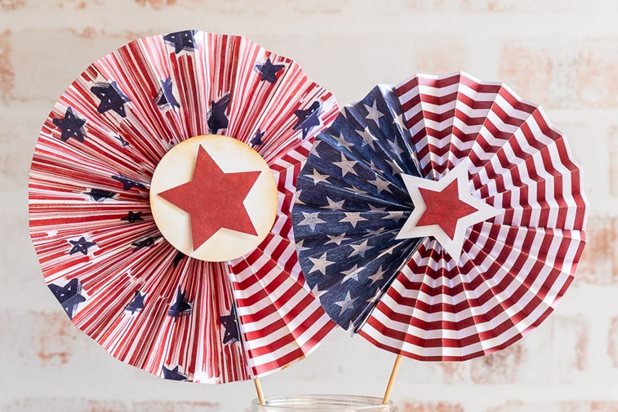 DIY Patriotic Decorations Two Easy DIY Paper Fans with American Flag Colors and a Red Star in the Center of Each