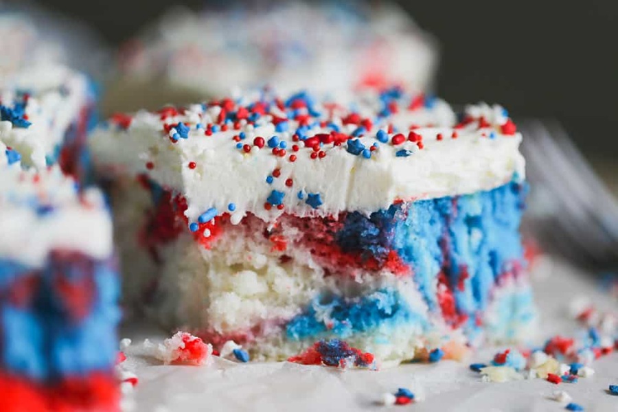 Patriotic Dessert Recipes Close Up of a Slice of Retro Red White and Blue Cake