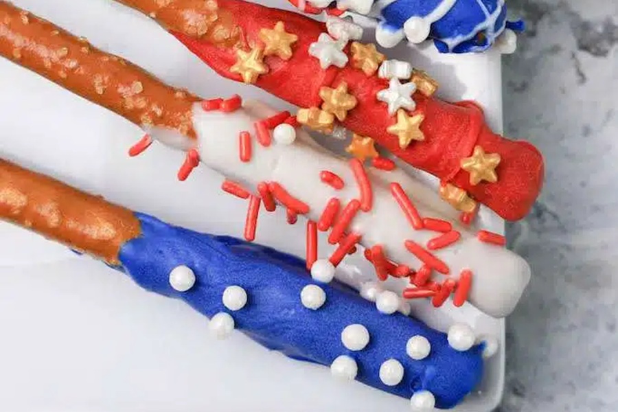 Patriotic Dessert Recipes Patriotic Pretzel Rods on a White Plate
