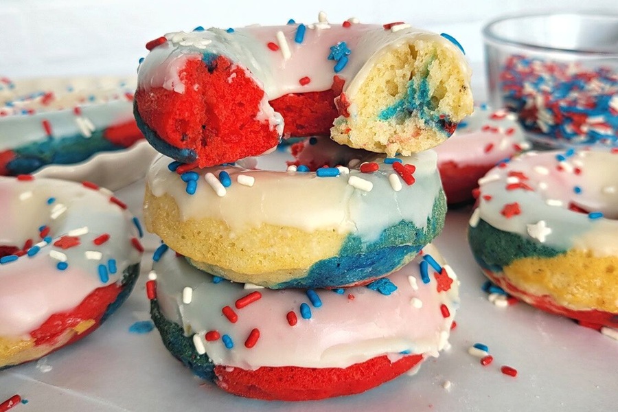 Patriotic Dessert Recipes 4th of July Cake Donuts Stacked on One Another