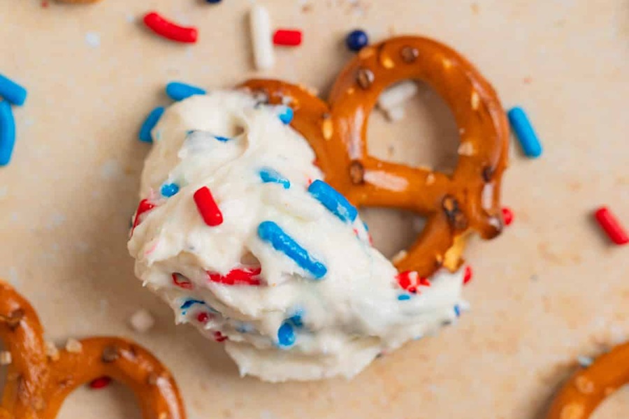 Patriotic Dessert Recipes a Pretzel with Red, White and Blue Funfetti Dip