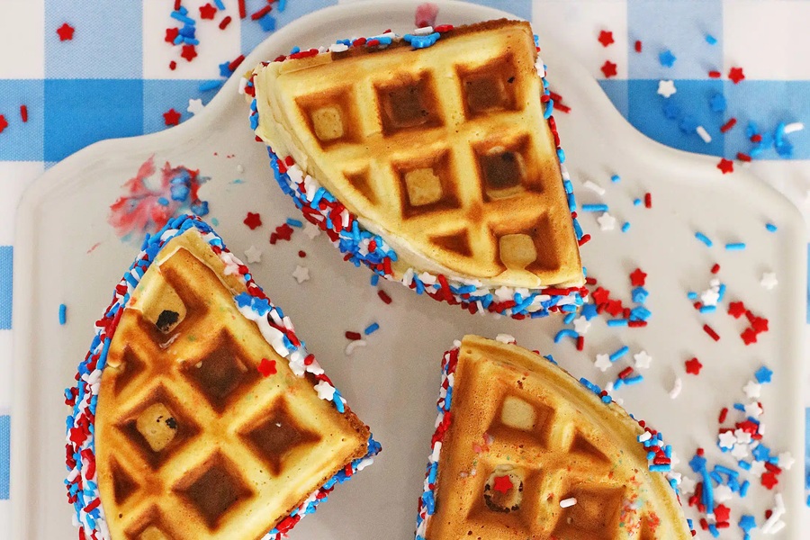 Patriotic Dessert Recipes Waffle Ice Cream Sandwiches on a Serving Plate