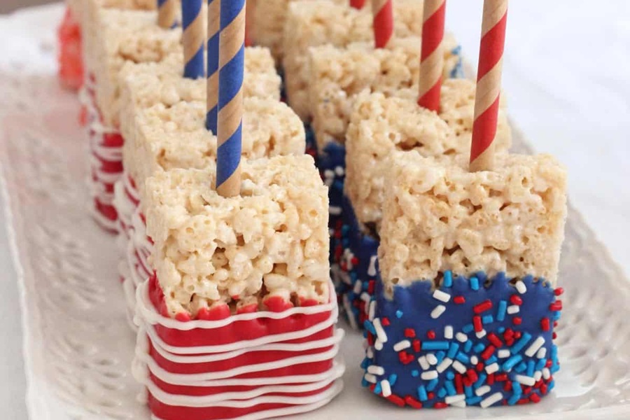 Patriotic Dessert Recipes American Flag Rice Krispie Treats on a White Plate