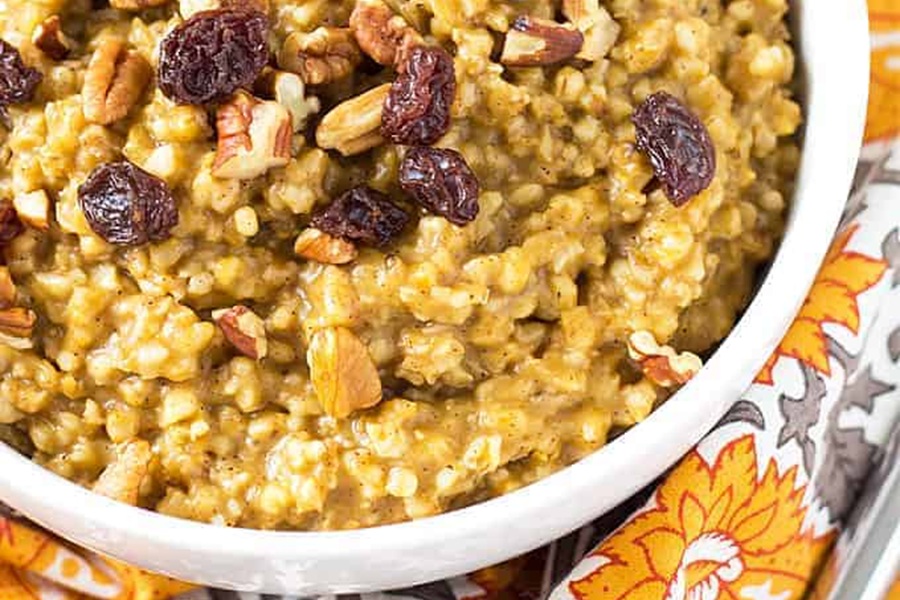 Crockpot Halloween Recipes Close Up of Pumpkin Oatmeal in a Bowl
