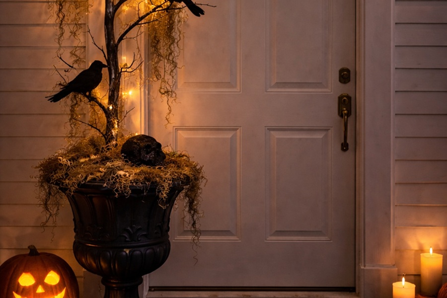DIY Halloween Decorations DIY Halloween Tree Porch Decor with a Tree Branch and Fake Crows Lit Up at Night