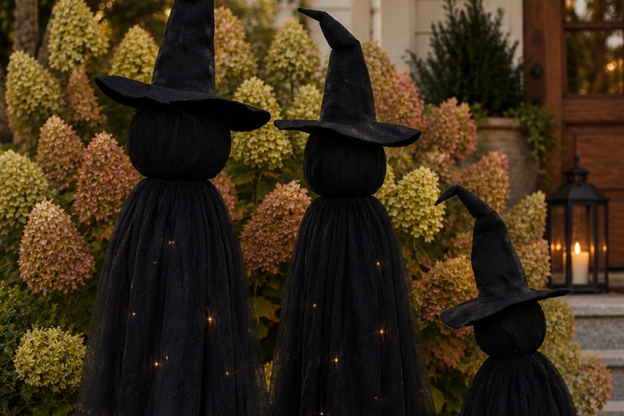 DIY Halloween Decorations Light-Up Halloween Witches Witches Made of Black Cloth Standing in a Front Yard