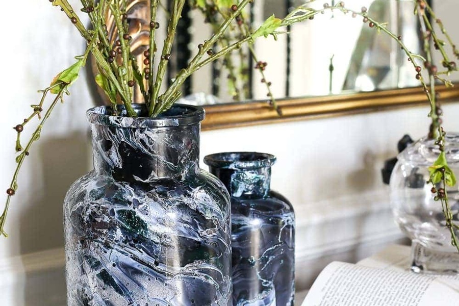 DIY Halloween Decorations DIY Marbled Vases and Halloween Entryway