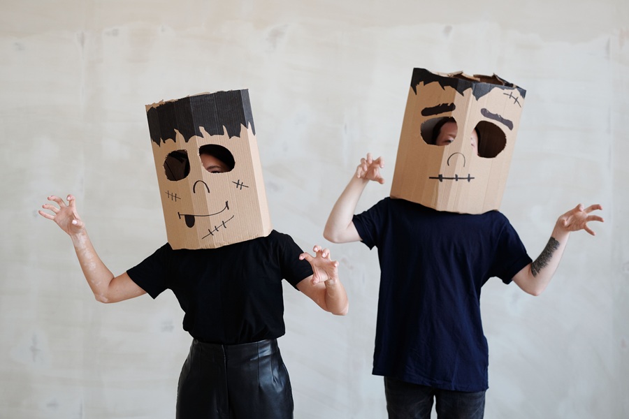 Downloads for your Halloween Playlist Two People Wearing Cardboard Frankenstein Masks